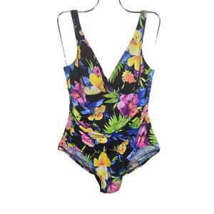 Miracle Suit Black Hibicus Floral No Underwire One Piece Swimsuit Women's 12